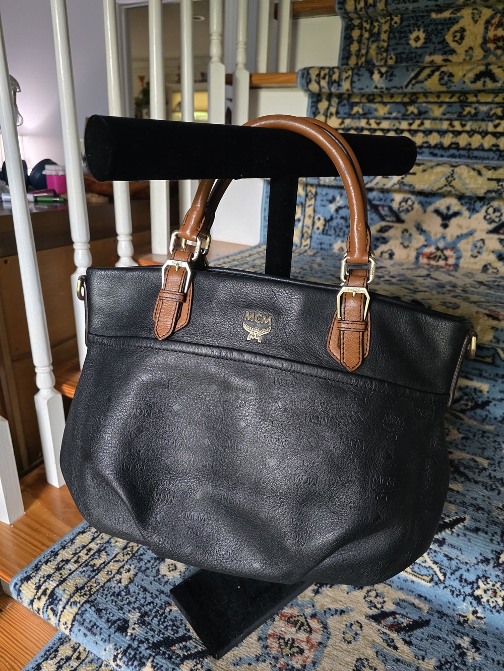 MCM Black Leather Tote with Tan Handles